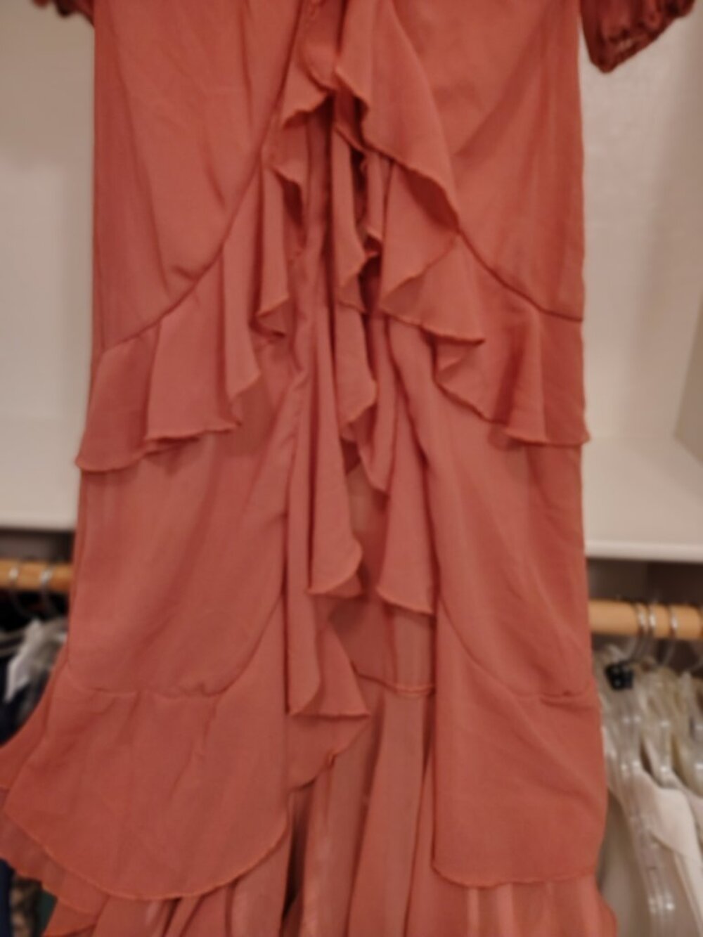 FAVLUX Sheer Terracotta Chiffon Ruffle High-Low Duster - Picture 2 of 11